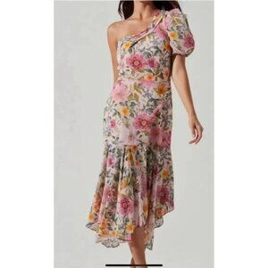 ASTR Santorini One Shoulder Dress for Women Taupe Floral (Size M)